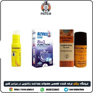 خرید و قیمت پک یک عدد کاندوم 8 در 1 فانکشن کدکس ، اسپری تاخیری پروکومیل و ژل زرد روان کننده ایموشن